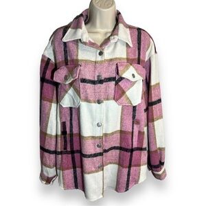WOMEN’S Boyfriend Plaid Shacket Pink Size Large